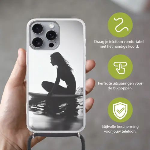 Silhouet - Vrouw - Surfplank - Water Hoesje iPhone 16 Pro Max met koord klein -sfeer2_NL