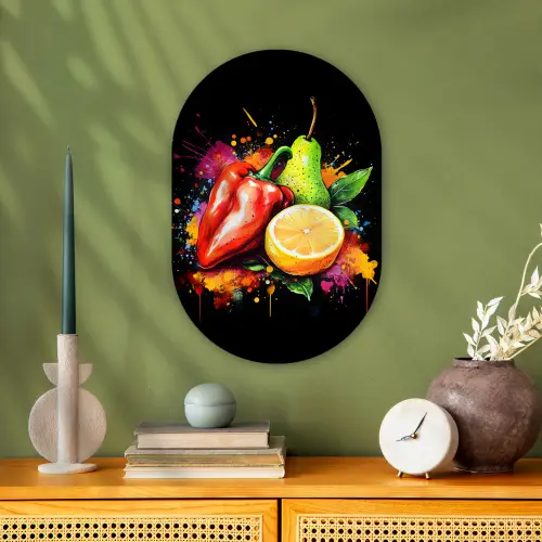 Paprika - Peer - Citroen - Graffiti - Verf - Abstract Wandcirkel Ovaal Forex klein -sfeer2