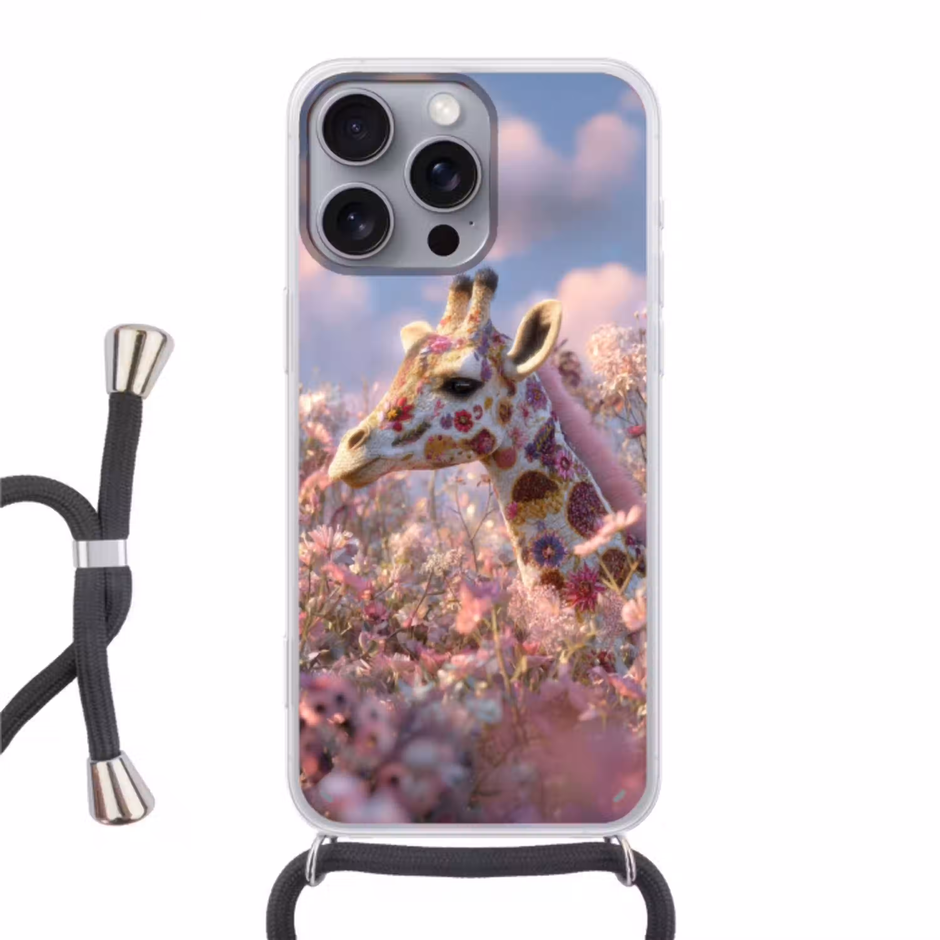 Giraffe - Bloemen - Roze Hoesje iPhone 16 Pro Max met koord klein -3d
