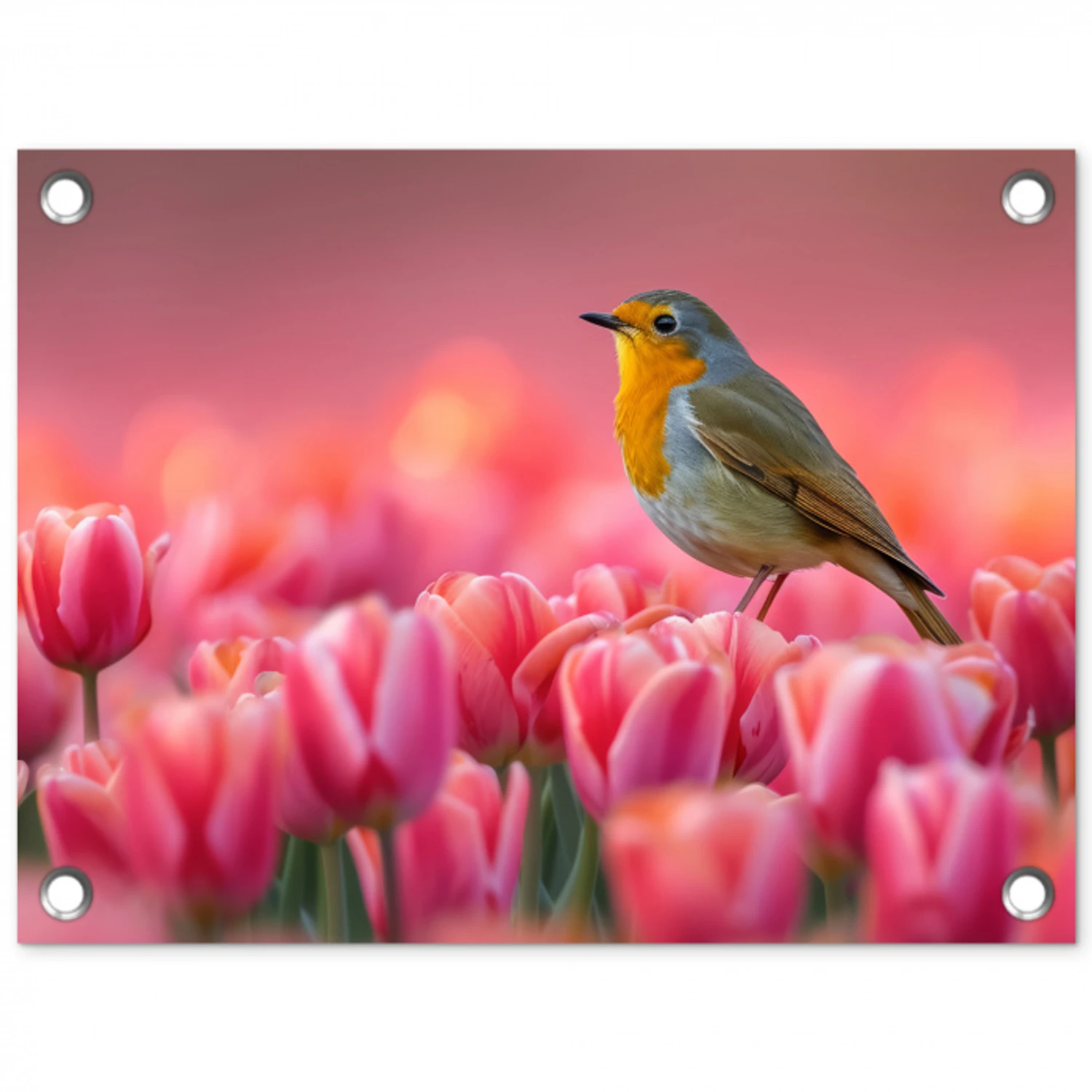 Roodborstje in Tulpenveld tuinposter los doek klein -3d