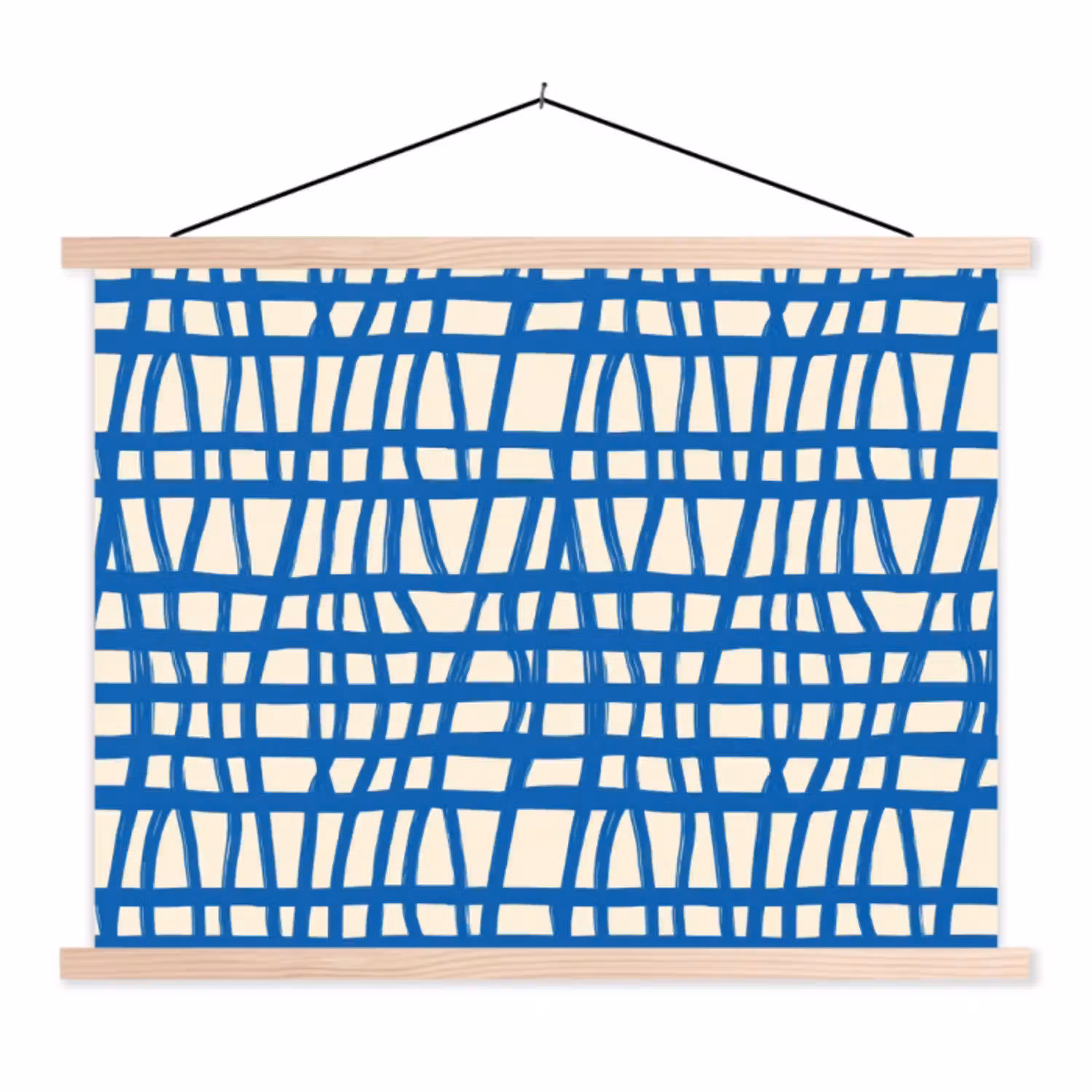 Ruitpatroon - Blauw - Crème textielposter latten blank klein 122 -3d