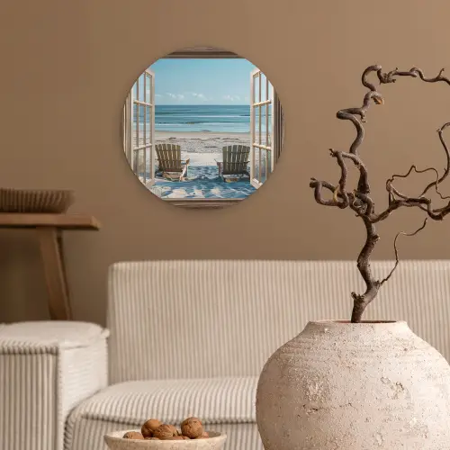 Doorkijk - Strandstoelen - Duinen - Zee - Natuur Wandcirkel kunststof plaat 5mm dik klein -sfeer1