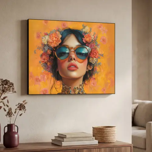 Vrouw - Bloemen - Aesthetic - Oranje Textielframe zwart klein -sfeer3