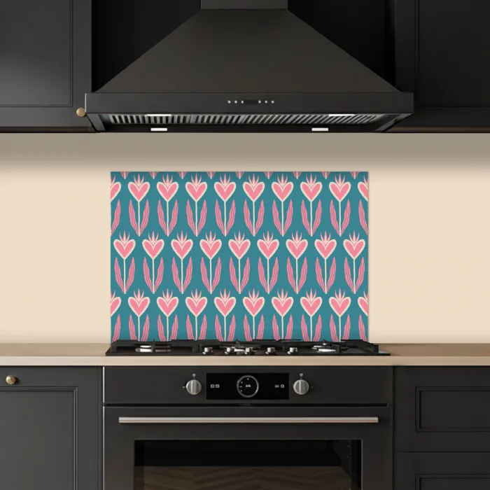 Blauw - Retro - Patroon - Hartjes keuken achterwand spatscherm klein 900 -sfeer1
