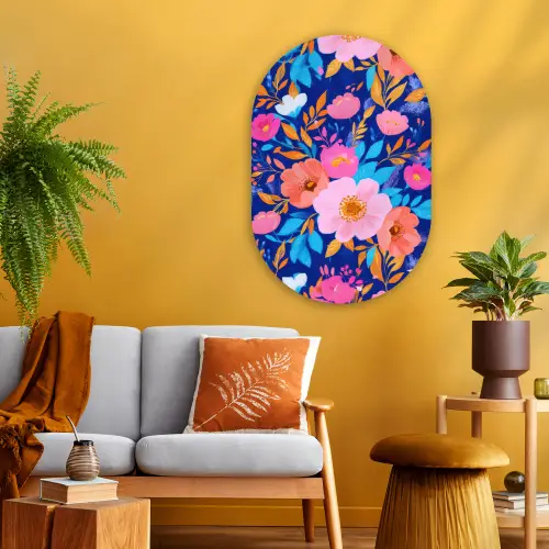 Bloemen - Blauw - Roze Wandcirkel Ovaal Glas middel -sfeer4