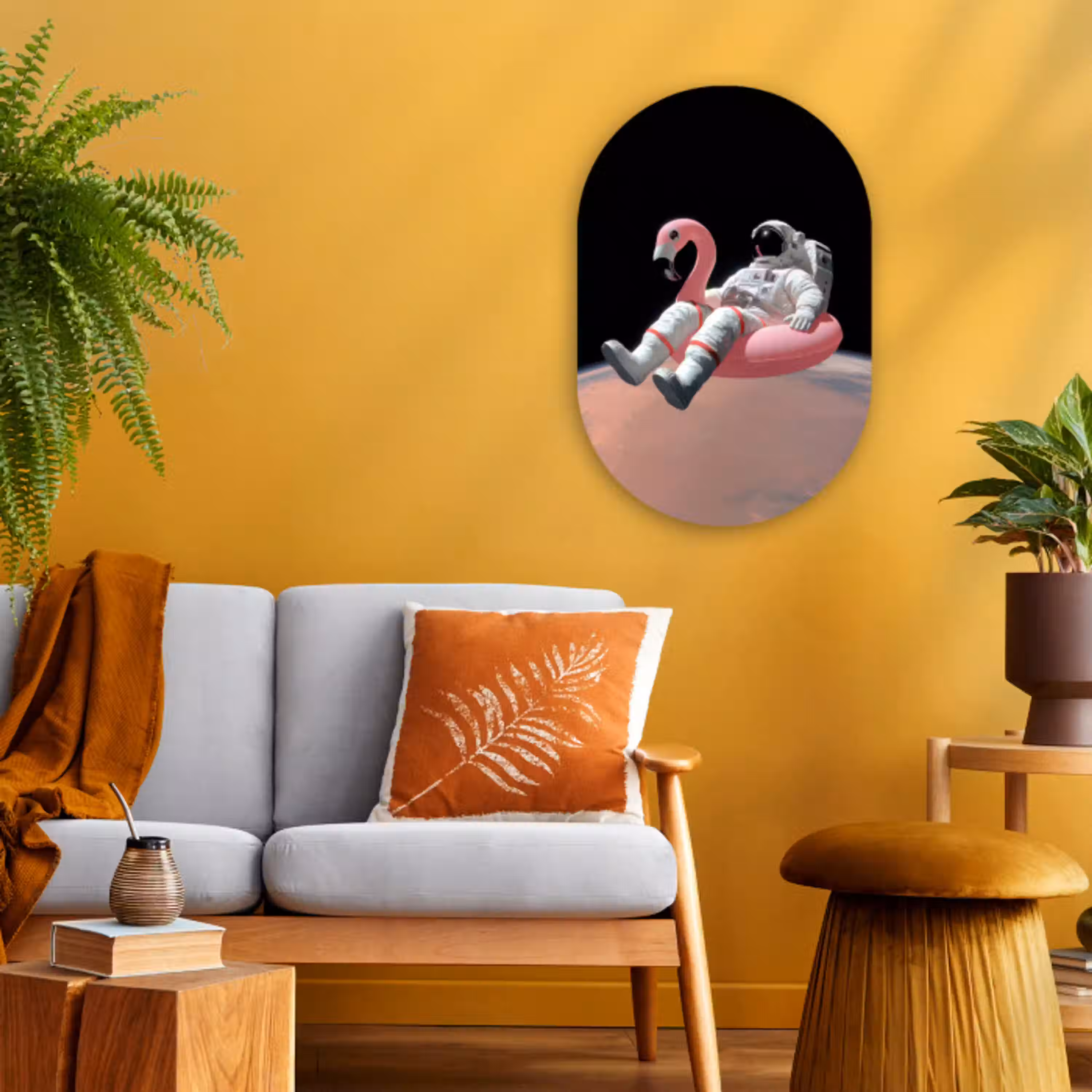 Astronaut - Flamingo - Zwemband - Roze Wandcirkel Ovaal Forex klein -sfeer4
