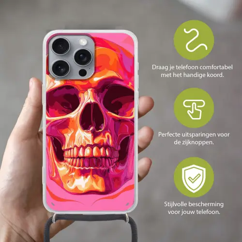 Felroze - Tanden - Schedel Hoesje iPhone 16 Pro Max met koord klein -sfeer2_NL