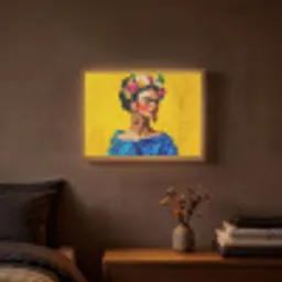 Frida Kahlo - Vrouw - Geel - Blauw - Bloemen Light Box met batterij (Wandlamp) middel -sfeer4