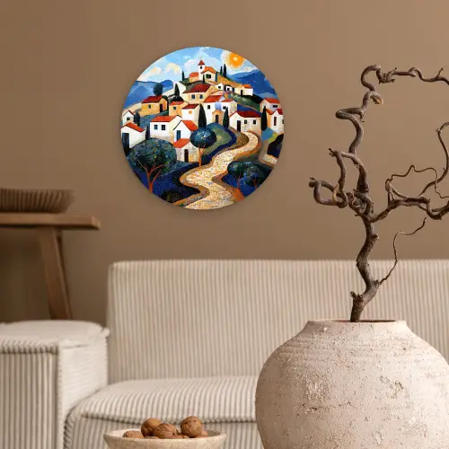 Dorp - Heuvelachtig - Zon - Mozaïek Wandcirkel kunststof plaat 5mm dik klein -sfeer1