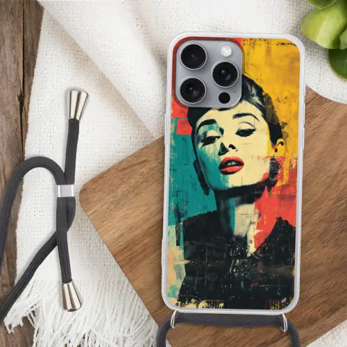 Vrouw - Rode lippen - Expressief - Grafisch Hoesje iPhone 16 Pro Max met koord klein -sfeer4