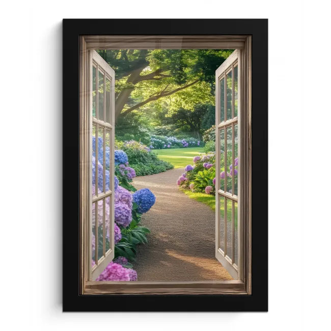 Doorkijk - Tuin - Raam - Hortensia - Bloemen fotolijst zwart zonder passe partout klein -3d