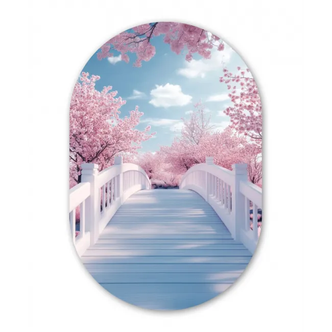 Brug - Kersenbomen - Wit Wandcirkel Ovaal Glas middel -3d