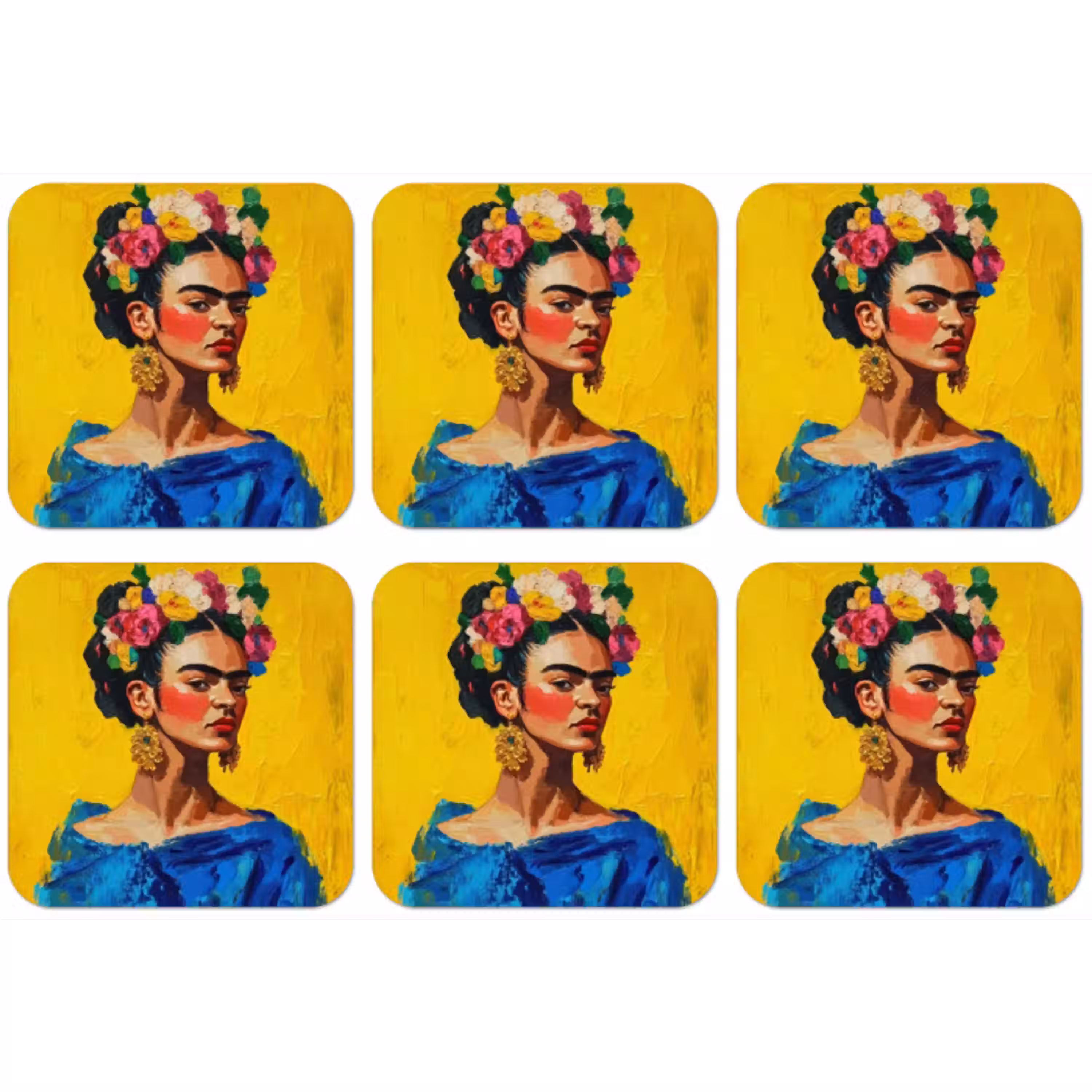 Frida Kahlo - Vrouw - Geel - Blauw - Bloemen onderzetter kurk middel -zkaufland3dotto