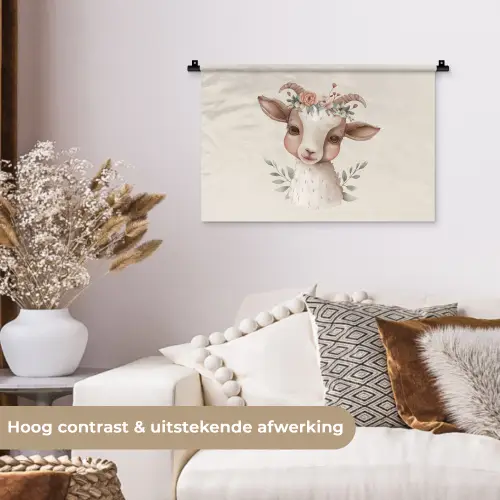 Geit - Dier - Bohemian - Bloemen - Boho Wandkleed katoen klein -sfeer1