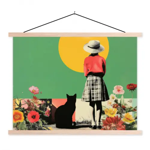 Retro - Meisje - Kat - Zon textielposter latten blank klein -3d