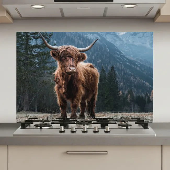 Schotse hooglander - Berg - Landschap - Bomen - Koe - Natuur keuken achterwand spatscherm klein -3d_website