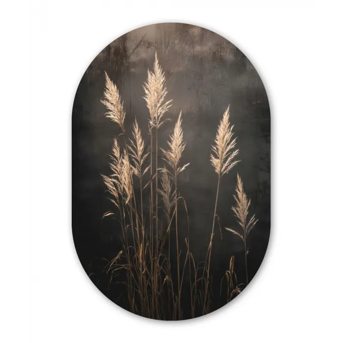 Siergras - Pluimen - Verlichting - Zwart Wandcirkel Ovaal Glas middel -3d