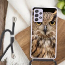 Oehoe - Uil - Portret - Bruin Hoesje Samsung Galaxy A52 5G met koord klein -sfeer4