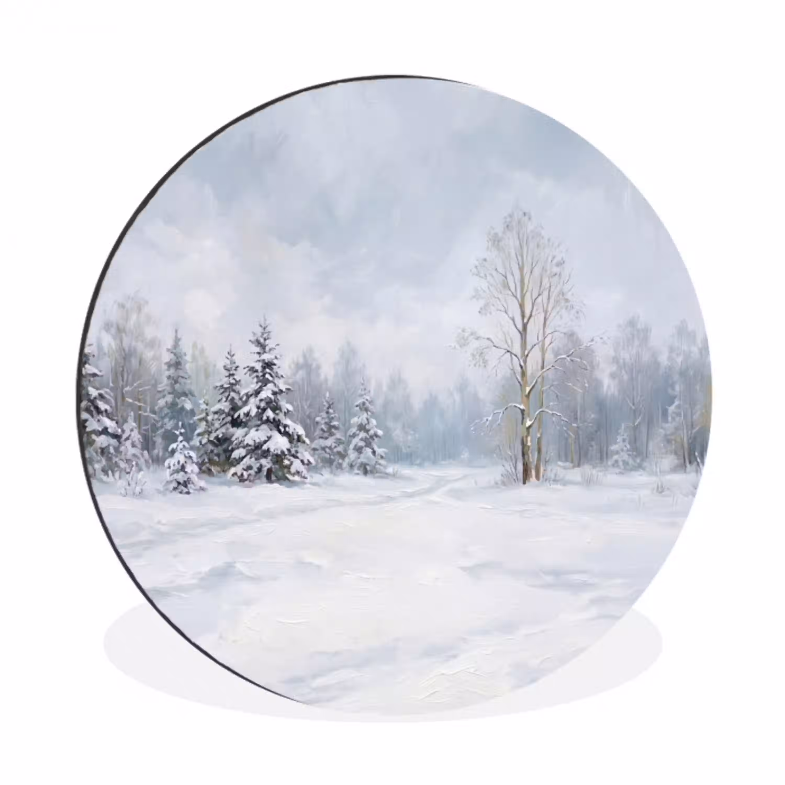 Bospad - Dennen - Sneeuw - Winter - Rustgevend Wandcirkel aluminium klein -3d