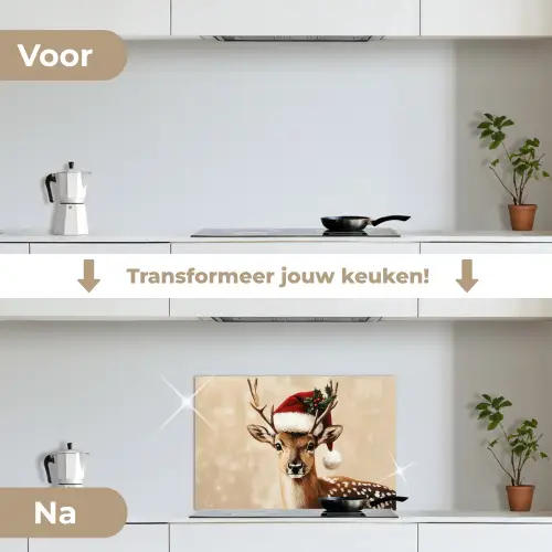 Kerst - Hert - Gewei - Rood keuken achterwand spatscherm klein -voor_na_NL