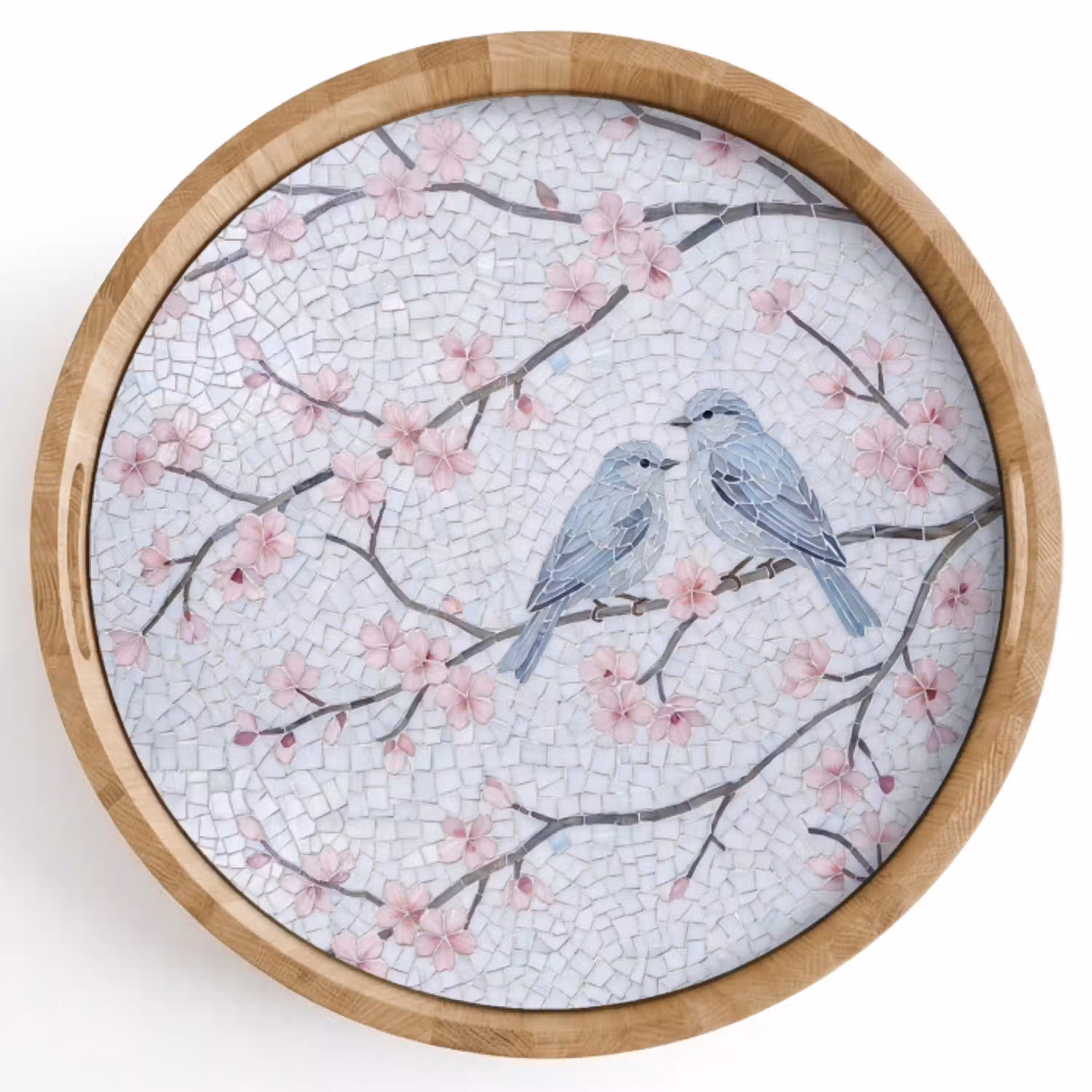Vogel - Bloemen - Natuur - Mozaïek - Roze Dienblad Rond middel -z3d_shopping