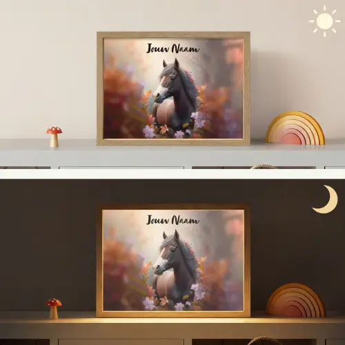 Paard - Bloemen - Natuur - Paars - Dieren Light Box met batterij (Wandlamp kind) middel -sfeer3_kind