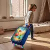 Flamingo en dinosaurus op strand bij ondergaande zon Kinderkoffer - Blauw klein -sfeer1