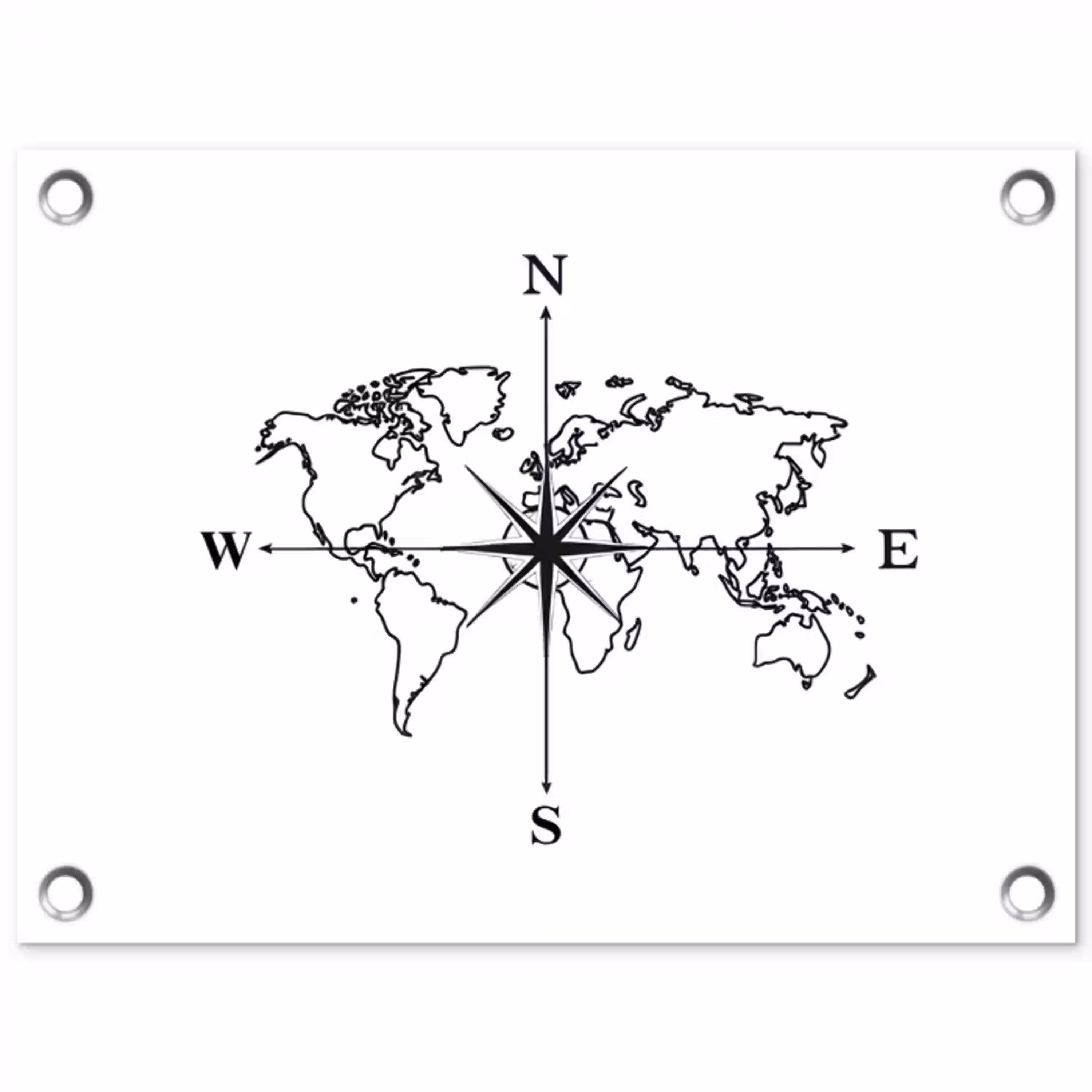 Wereldkaart - Windrichtingen - Kompas tuinposter los doek klein -3d