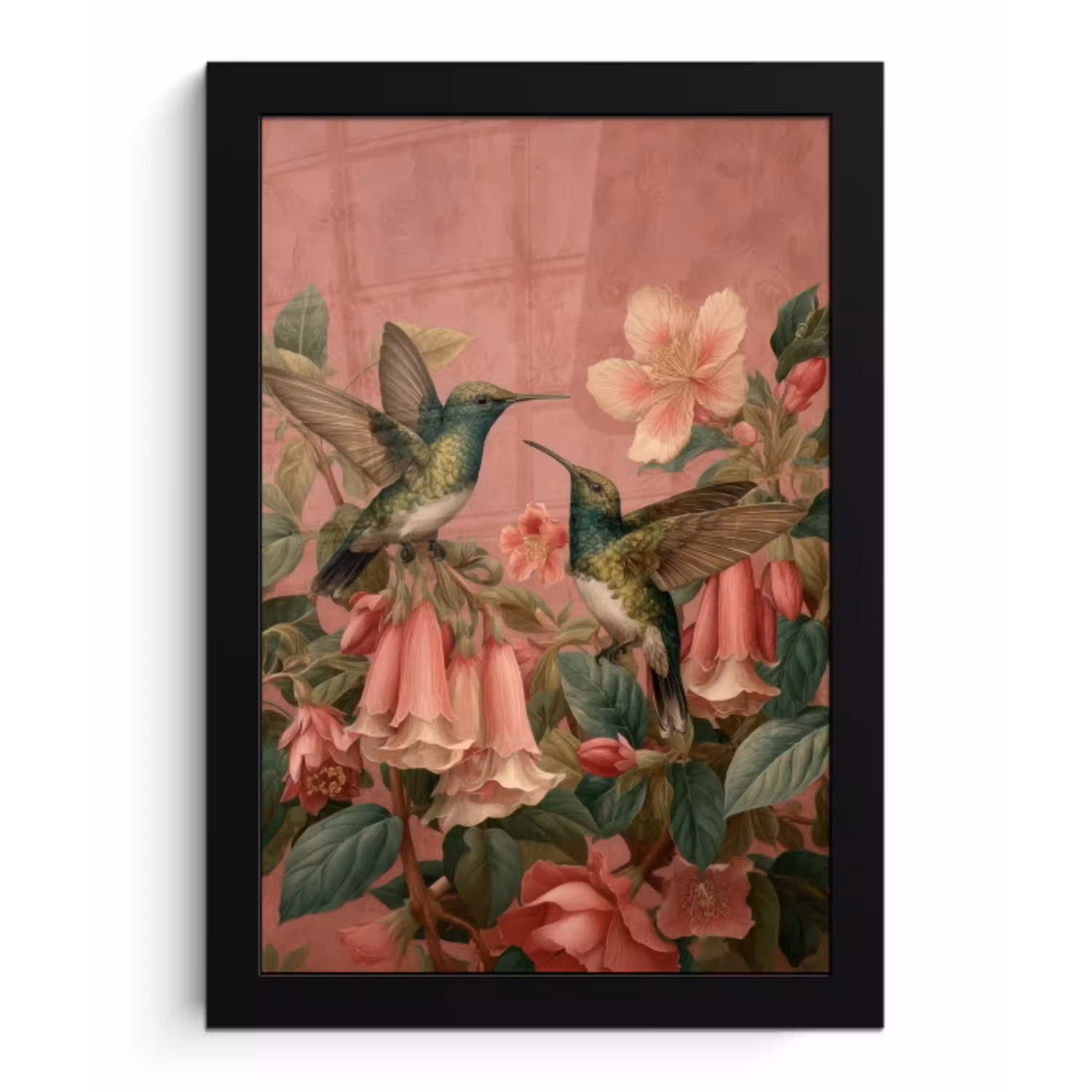 Kolibries - Bloemen - Groen - Roze fotolijst zwart zonder passe partout klein -3d
