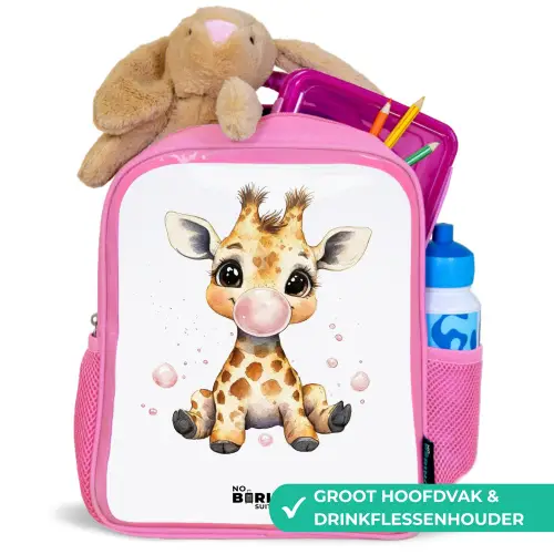 Giraffe met roze kauwgombal Kinderrugzak - Roze middel -inhoud_NL