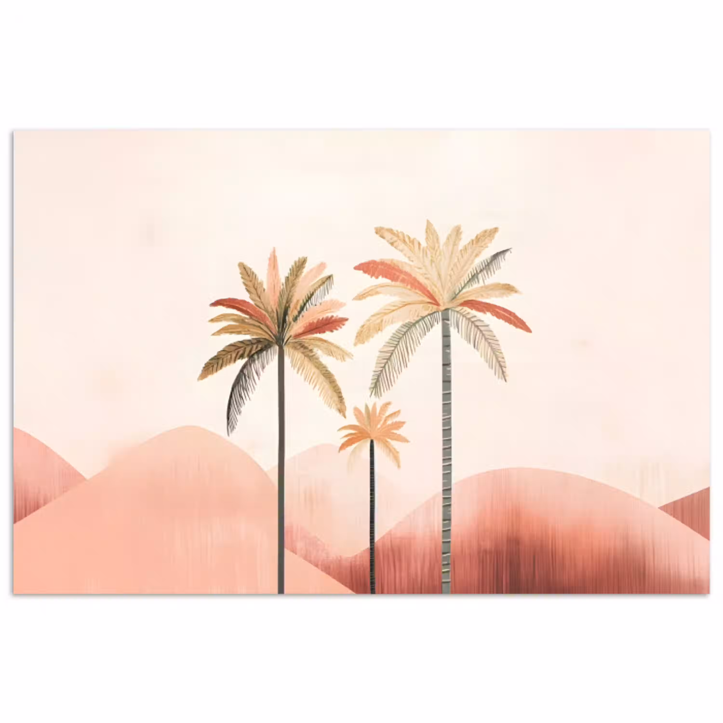 Palmbomen - Heuvels - Minimalistisch - Zachtroze poster papier klein -3d
