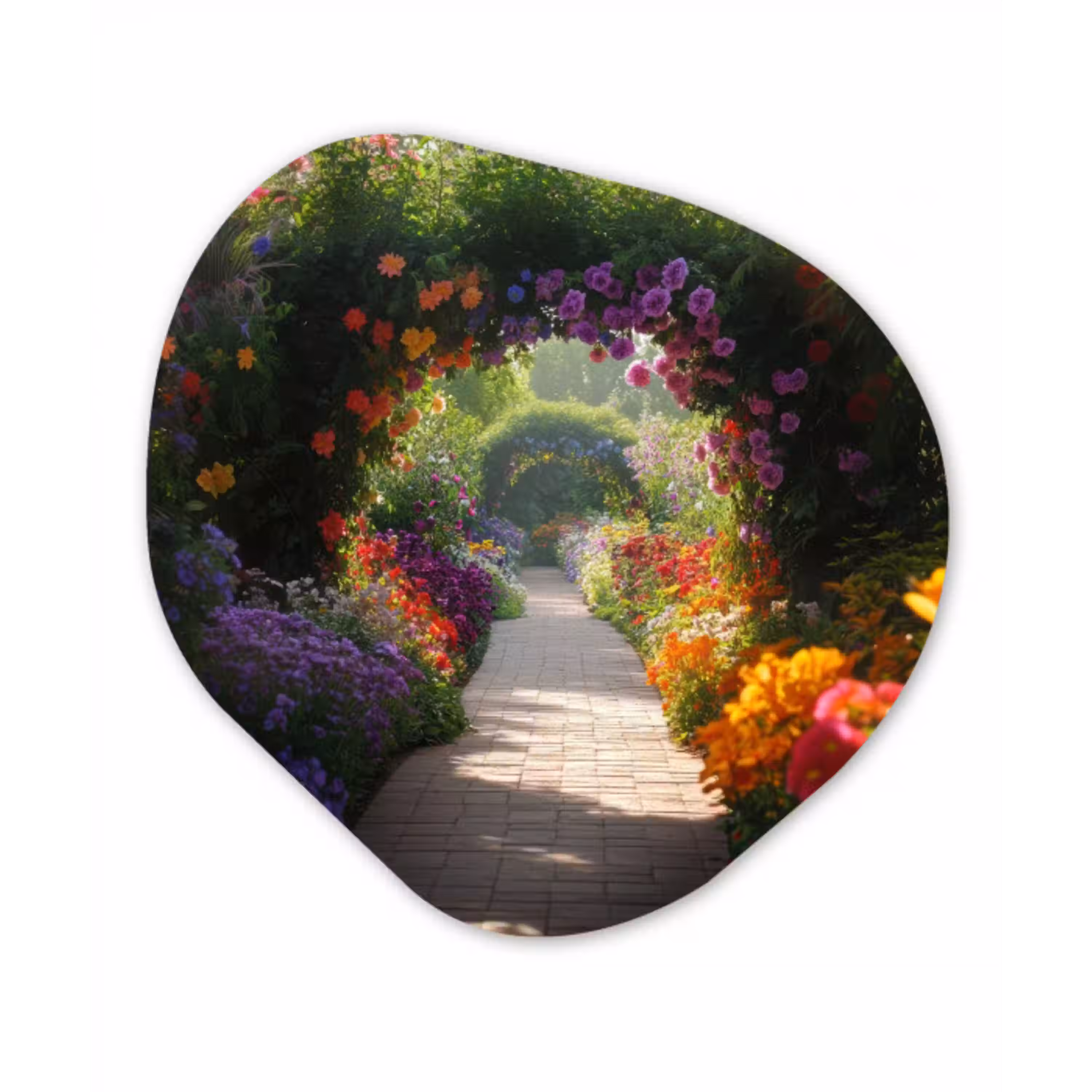 Doorkijk - Pad - Bloemen - Struik - Kleurrijk Wandcirkel Organisch Plexiglas middel -3d