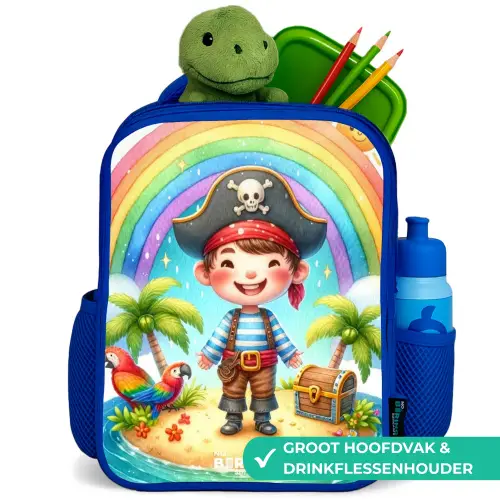 Piraat op een eiland met een schat Kinderrugzak - Blauw middel -inhoud_NL
