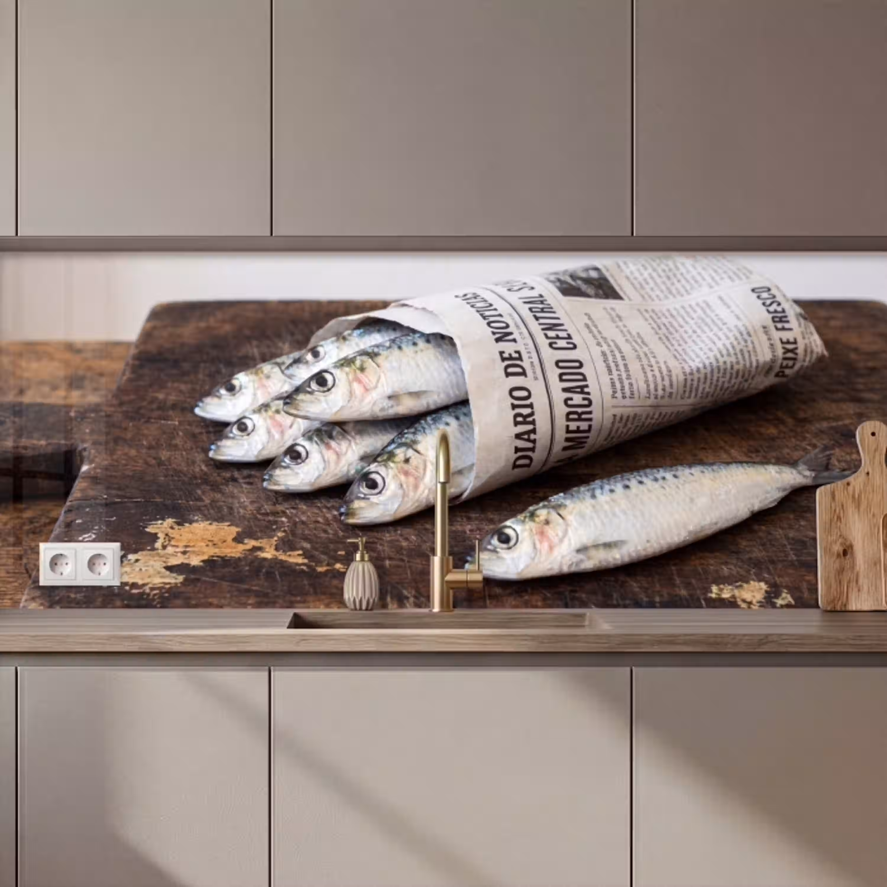Sardientje - krant - snijplank keuken achterwand 2 middel zz_3dshopping