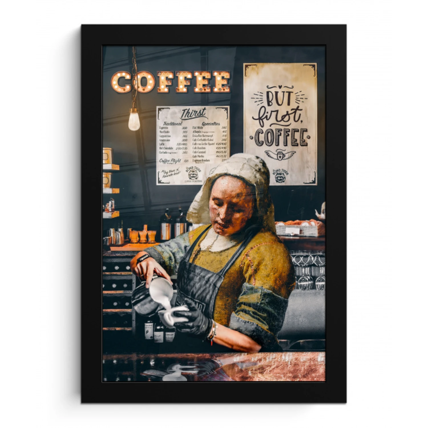 Melkmeisje - Barista - Koffie - Vintage - Kunst - Abstract - Schilderij - Oude meesters fotolijst zwart zonder passe partout klein -3d
