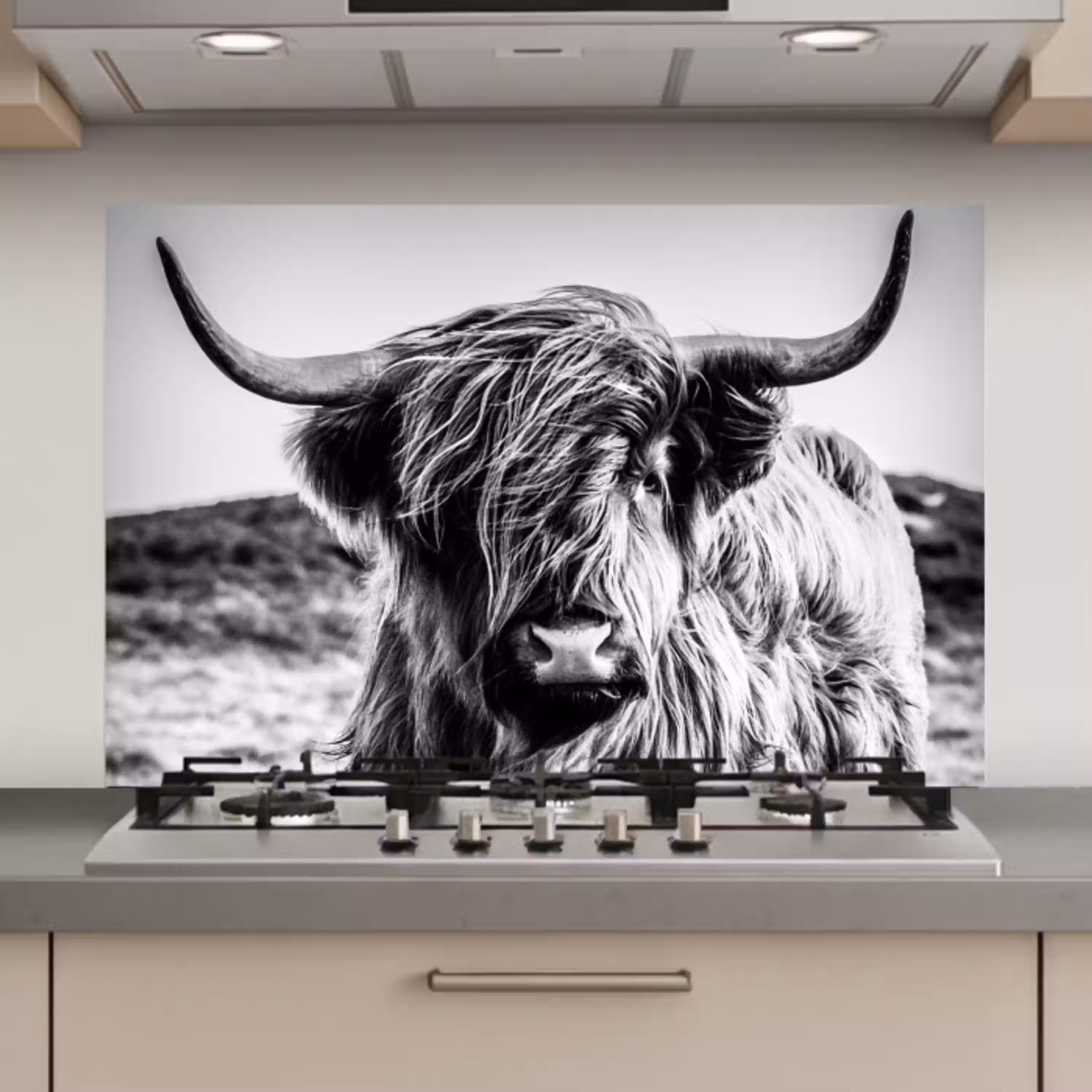 Schotse hooglander - Natuur - Koe - Zwart - Wit keuken achterwand spatscherm klein -3d_website