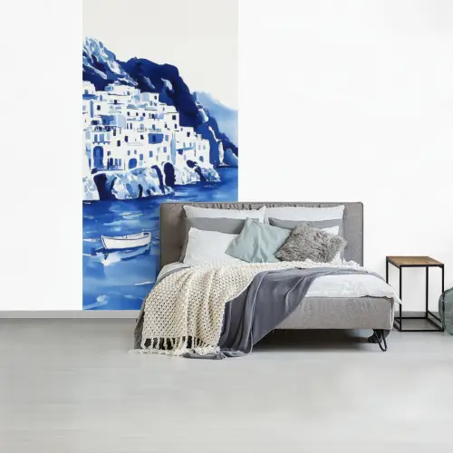 Dorp - Rotswand - Roeiboot - Water fotobehang vinyl groot -slaapkamer