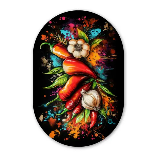 Groente - Peper - Knoflook - Graffiti - Verf - Kleurrijk Wandcirkel Ovaal Glas middel -3d