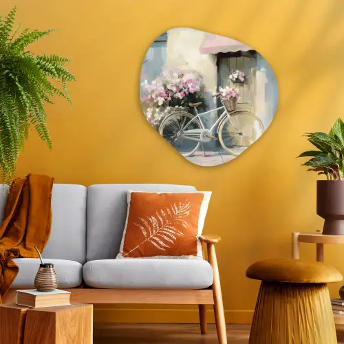 Fiets - Pastelkleuren - Bloemen Wandcirkel Organisch Aluminium middel -sfeer4