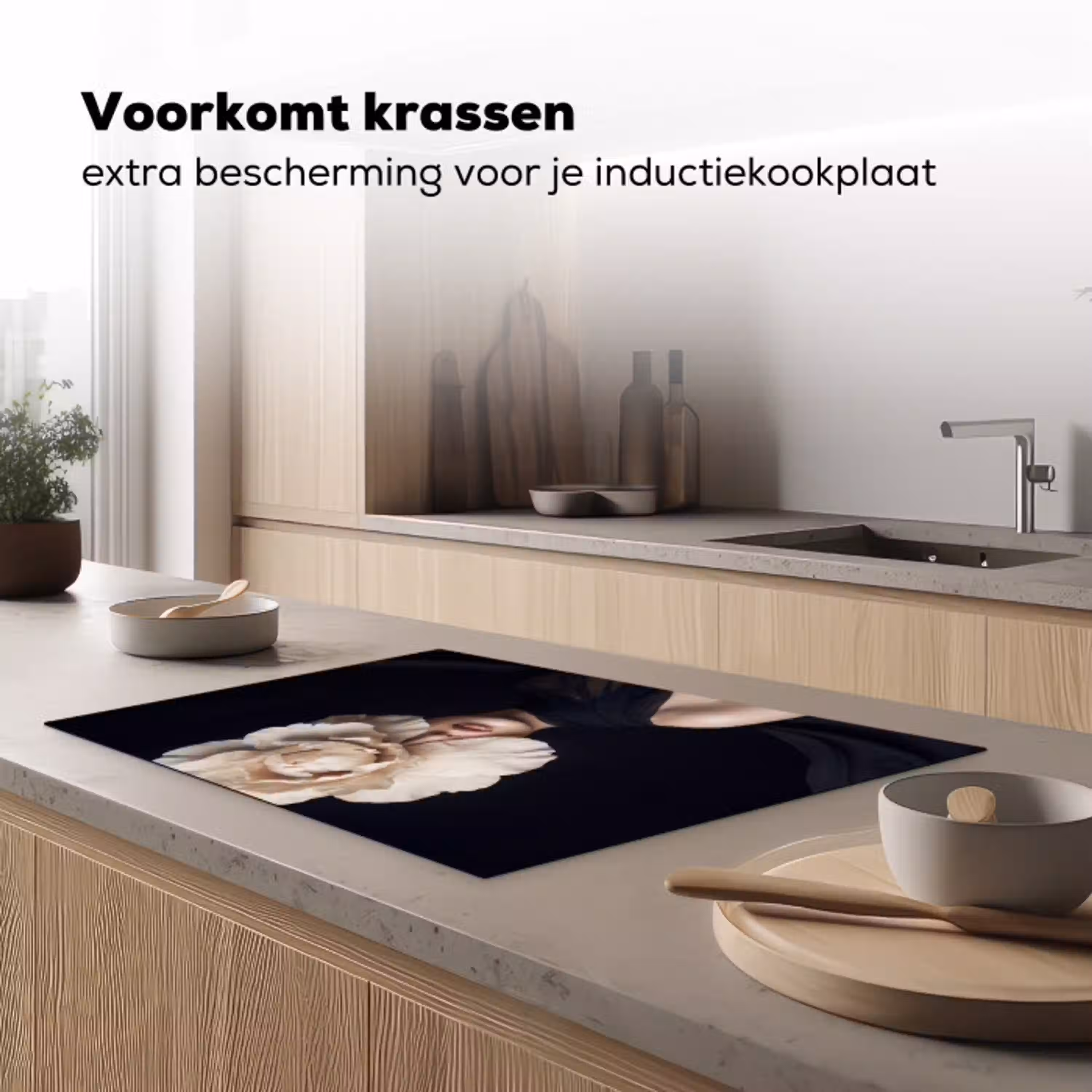 Roos - Tijdloos - Zwart Inductie beschermer vinyl 3mm klein -sfeer1