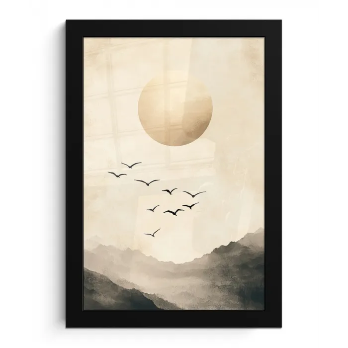 Landschap - Japandi - vogel fotolijst zwart zonder passe partout klein -3d