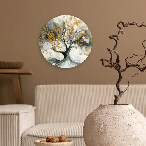 Boom - Modern - Abstract - Goud - Zwart - Wit Wandcirkel kunststof plaat 5mm dik klein -sfeer1