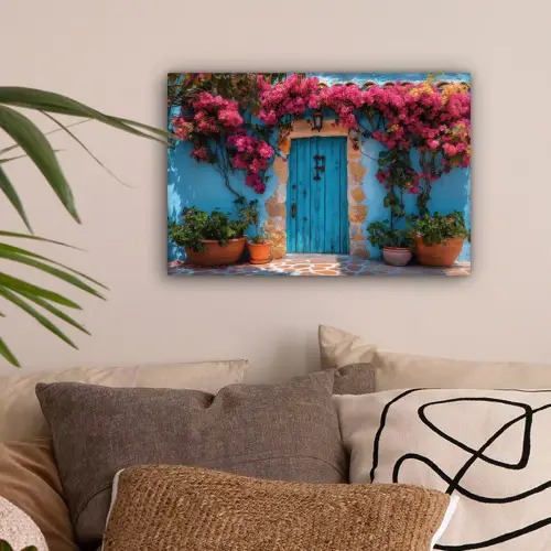 Deur - Hout - Bloemen - Blauw canvas 2cm klein -sfeer1
