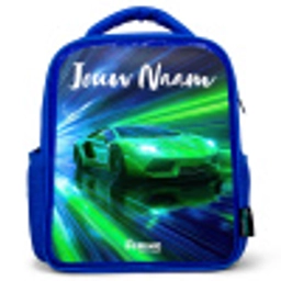 Sportauto - Groen - Snelheidslijnen - Neon Kinderrugzak - Blauw middel -3d
