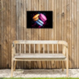 Macarons - Dessert - Graffiti - Kleurrijk - Roze - Blauw - Geel Tuinposter op houten frame 2 cm dik klein -sfeer4