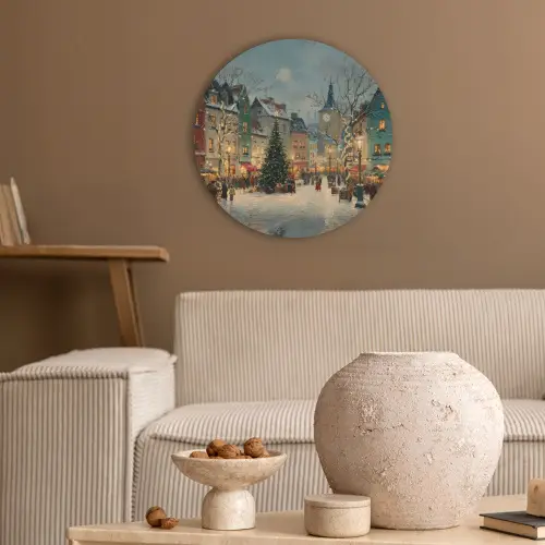 Kerstsfeer - Stadsplein - Kleurrijk Akoestische PET Vilt - Rond klein -sfeer1