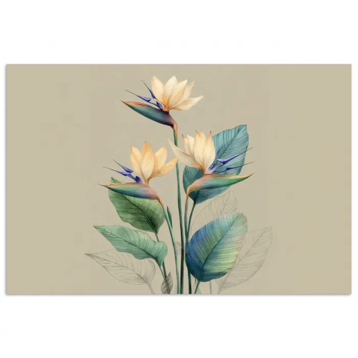 Paradijsvogelbloemen - Blauwgroene bladeren - Beige poster papier klein -3d