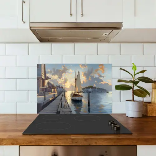 Zeilboot - Zon - Pier - Hout keuken achterwand spatscherm klein -sfeer2