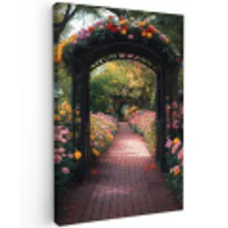 Doorkijk - Bloemen - Pad - Natuur - Kleurrijk Tuinposter op houten frame 2 cm dik klein -3d