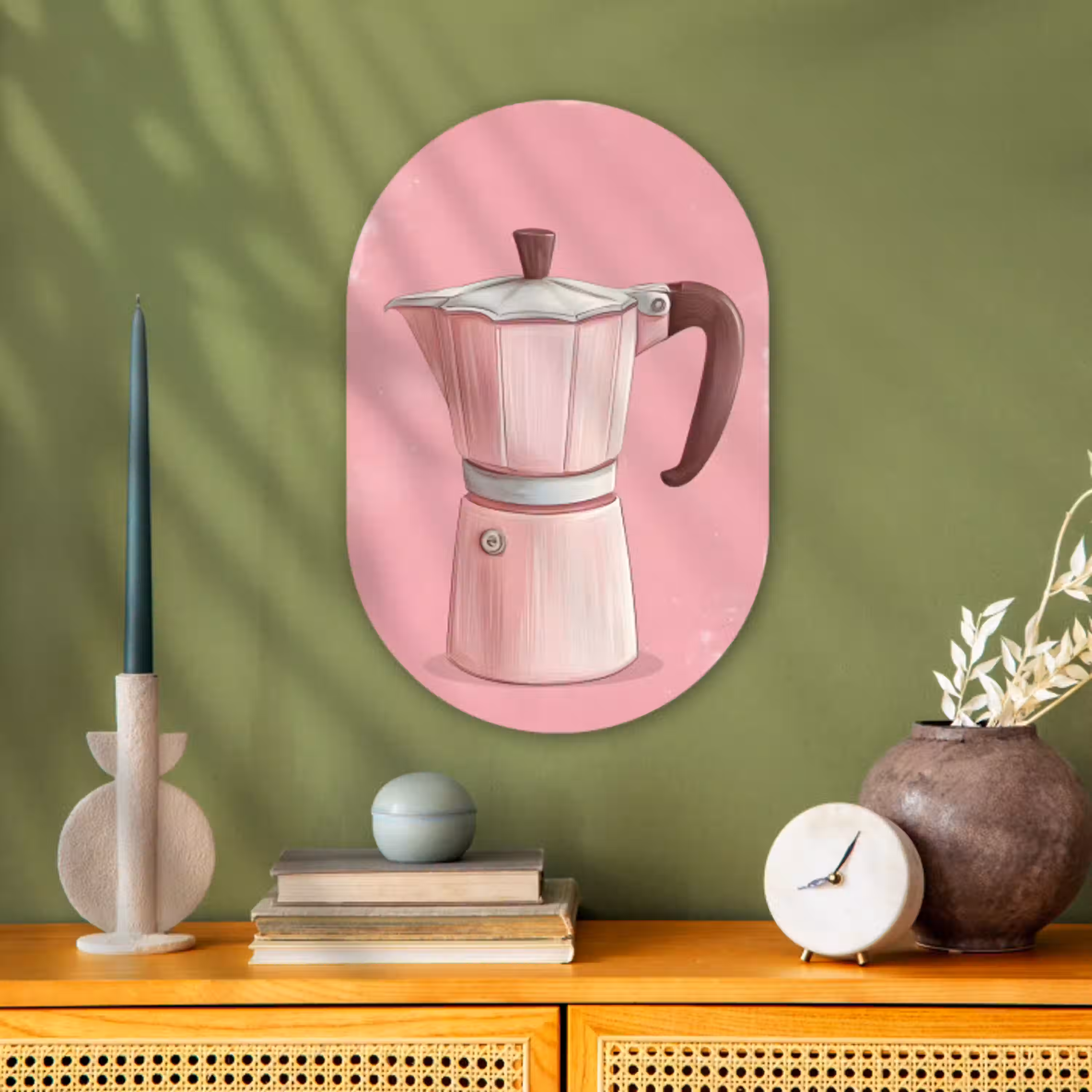 Roze - Mokkapot - Illustratie - Koffie Wandcirkel Ovaal Forex klein -sfeer2